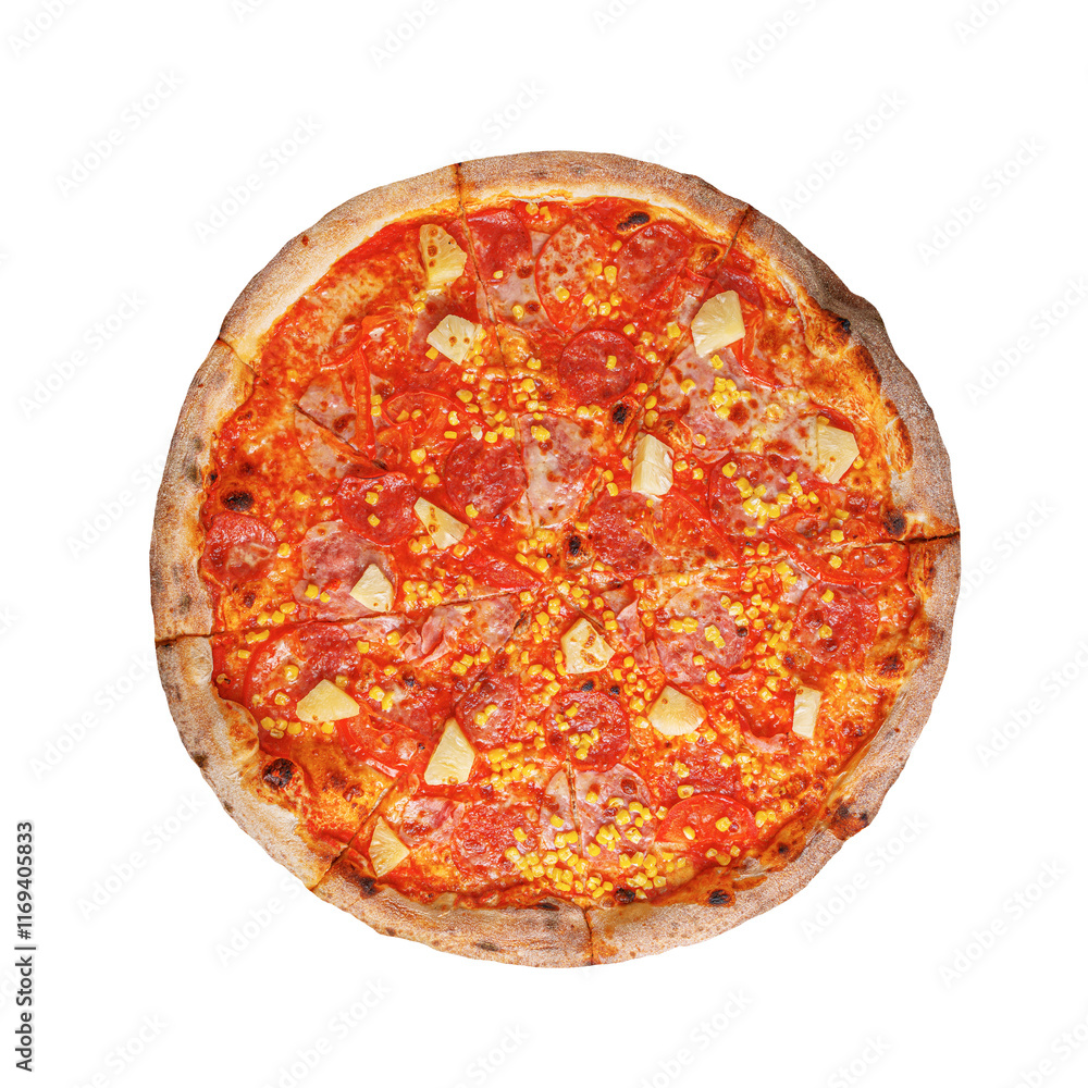 Classic pepperoni pizza with pineapple and corn toppings.