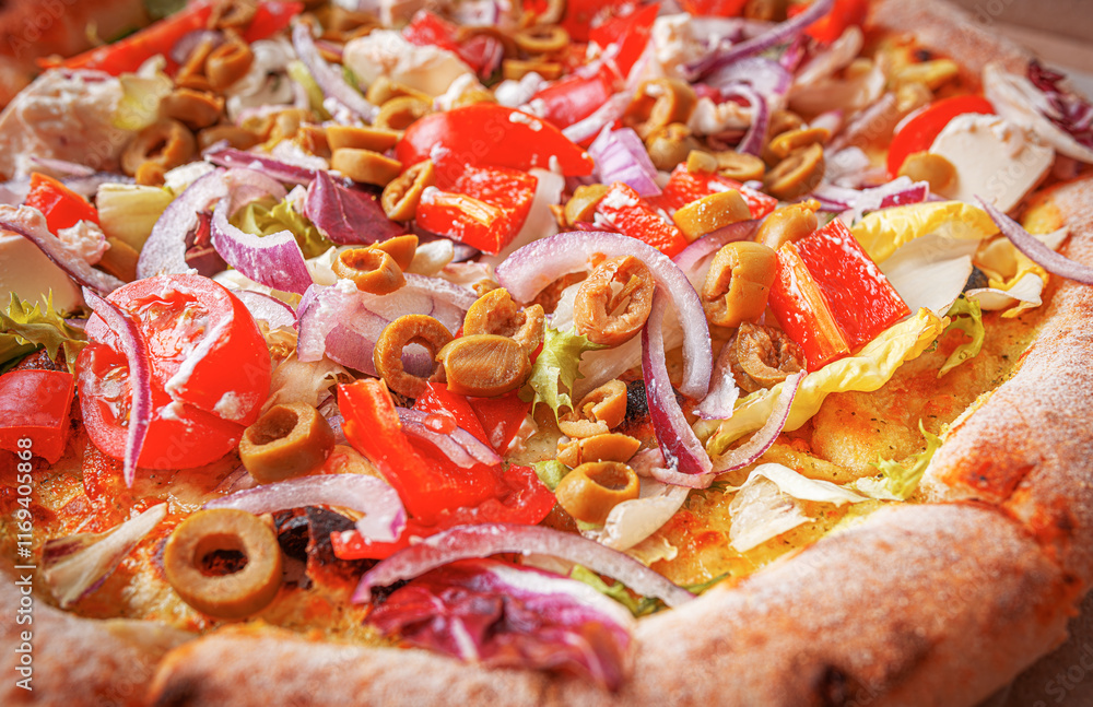 Vegetable pizza with fresh, vibrant toppings.