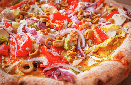 Obraz na płótnie Vegetable pizza with fresh, vibrant toppings. w salonie