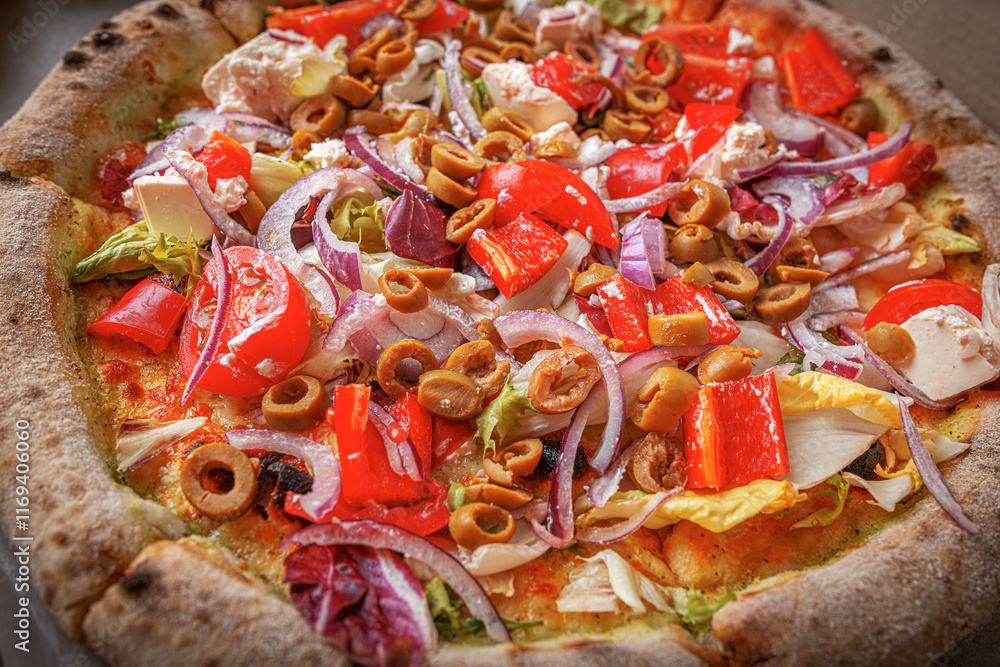 Vegetable pizza with fresh, vibrant toppings.