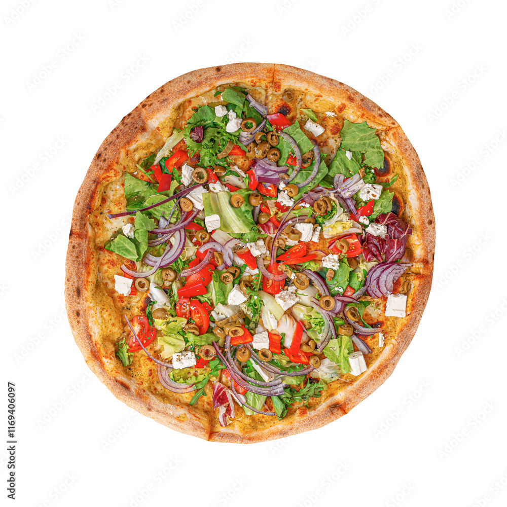 Round vegetable pizza with fresh, colorful ingredients.