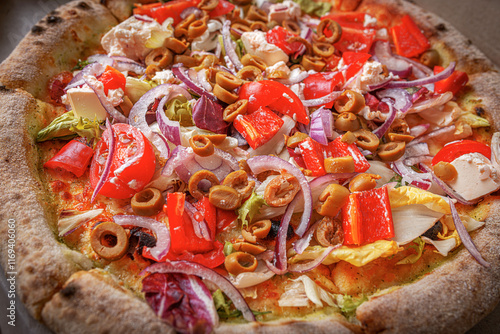 Obraz na płótnie Vegetable pizza with fresh, vibrant toppings. w salonie