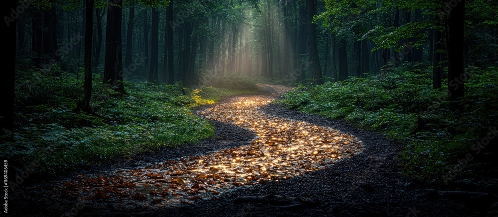 Obraz premium Sunlit path winding through a mystical forest.