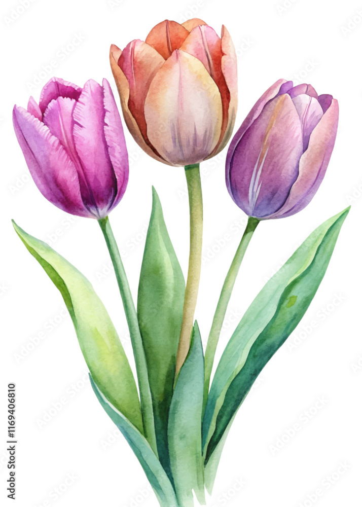 Naklejka premium Vibrant watercolor tulips, floral arrangement, soft pastel colors, nature illustration, botanical art, spring flowers.