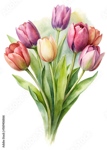 Wallpaper Mural Vibrant watercolor tulips, colorful floral arrangement, spring bouquet, soft pastel tones, nature illustration, artistic design. Torontodigital.ca