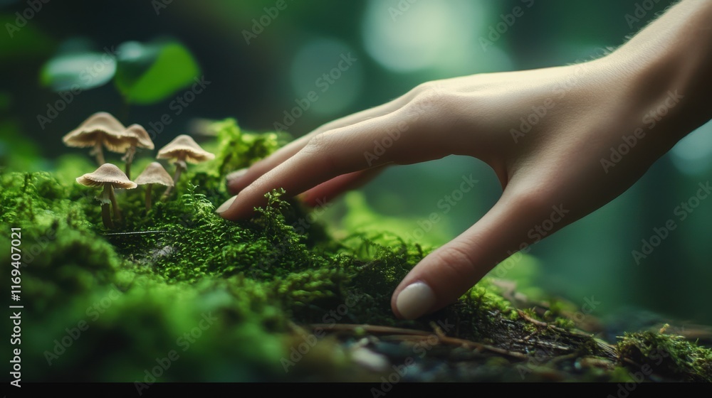 Fototapeta premium Hand gently touching moss and mushrooms in a lush forest environment during daylight hours, capturing the beauty of nature and human connection