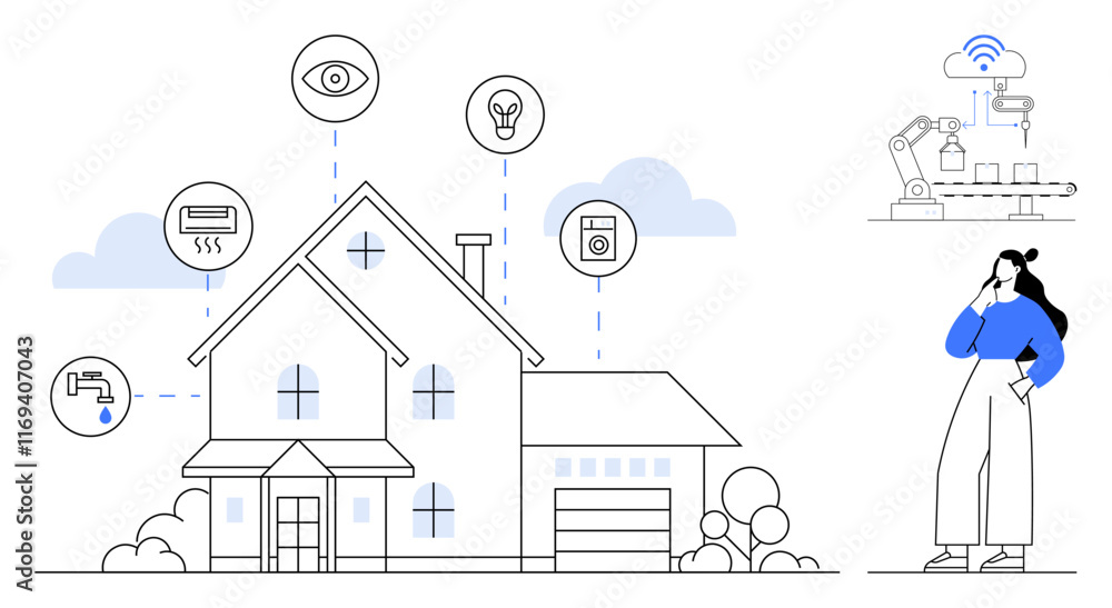 House linked to various smart devices woman communicates with robotic arm. Ideal for technology, IoT, smart home, automation, efficiency, connectivity, innovation. Black white blue abstract line