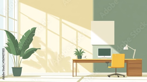 Professional business office environment with minimalist neutral background, featuring modern workspace setup, ergonomic furniture, and contemporary design elements for corporate use and business pres photo