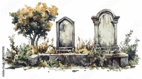 Old tombstone in a graveyard on a white background. watercolor style. Cenotaph. Illustration