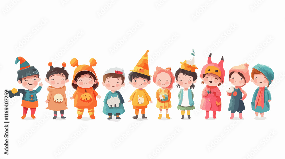 Wide Angle Shot of Cute Kids in Halloween Costumes Wide Angle Shot of Cute Kids in Halloween Costumes