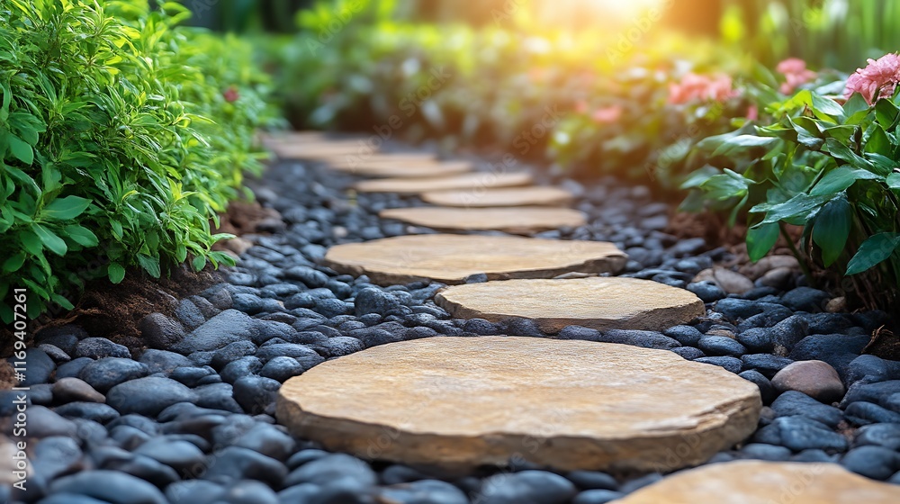 Stone Pathway Through A Lush Green Garden Stone Pathway Through A Lush Green Garden