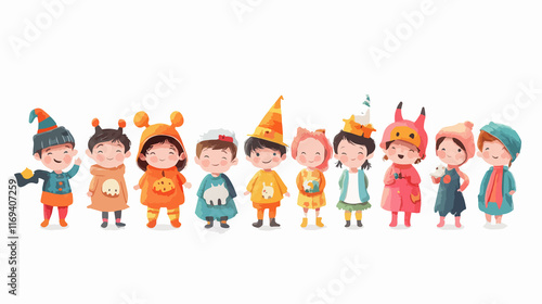 Wide Angle Shot of Cute Kids in Halloween Costumes