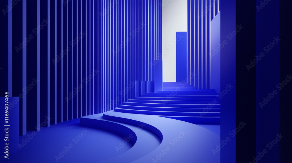 Obraz premium Abstract blue architecture; curved stairs ascending to bright light.