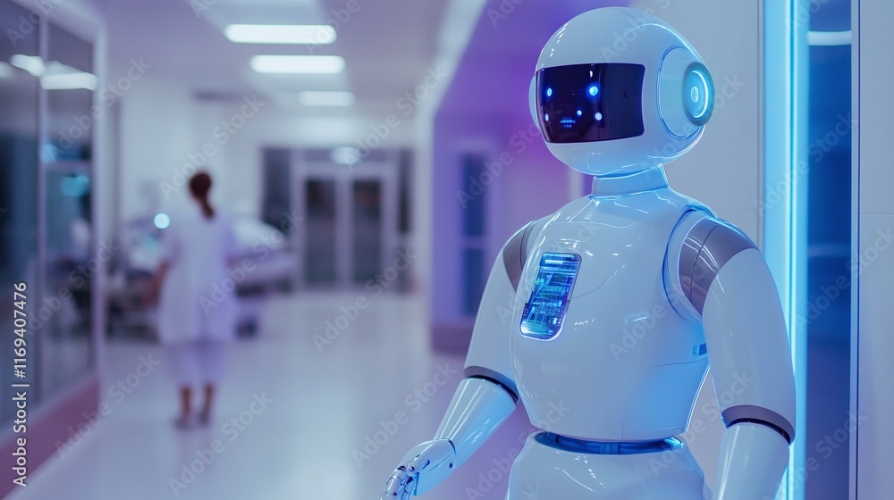 A humanoid robot assisting in a modern hospital A humanoid robot assisting in a modern hospital