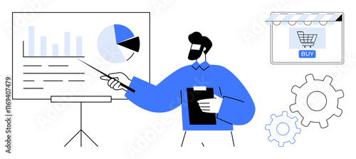 Business team member explaining data on a chart with pie chart, e-commerce storefront icon, and gears. Ideal for business strategy, data analysis, e-commerce, process improvement, strategic planning