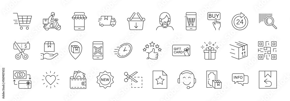 E-Commerce line icon set. Included E-commerce, Online Shopping, Delivering, Free Shipping, Store, Wish List, Shopping Cart, Shopping Bag, Supermarket vector icons. Editable stroke. E-Commerce line icon set. Included E-commerce, Online Shopping, Delivering, Free Shipping, Store, Wish List, Shopping Cart, Shopping Bag, Supermarket vector icons. Editable stroke.