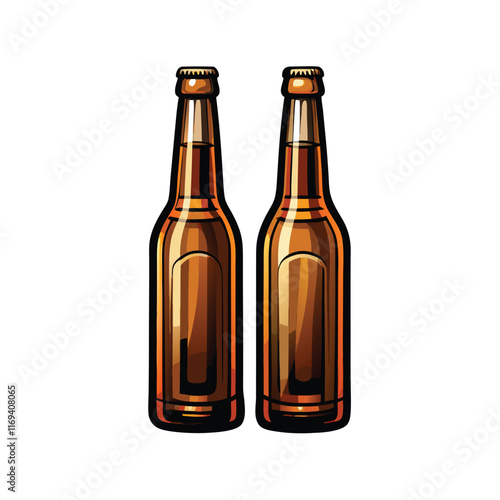 A cartoon illustration of two beer bottles, one full and one half full.