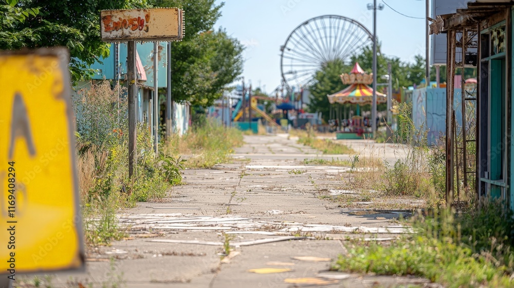Abandoned Amusement Park Path with Ferris Wheel and Carousel in the Background Abandoned Amusement Park Path with Ferris Wheel and Carousel in the Background