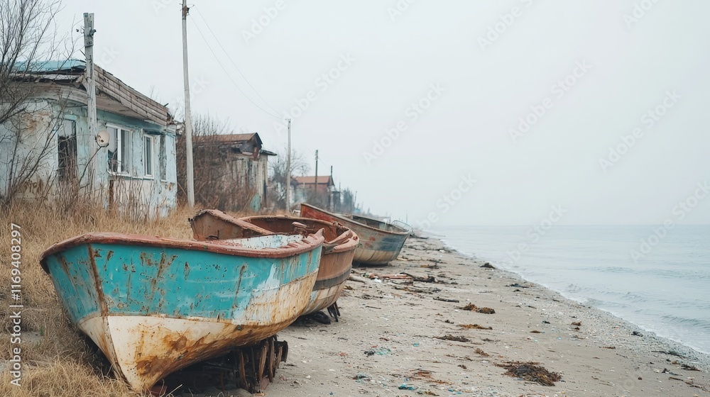 Abandoned Boats on a Sandy Beach with a View of the Foggy Sea and Coastal Buildings Abandoned Boats on a Sandy Beach with a View of the Foggy Sea and Coastal Buildings