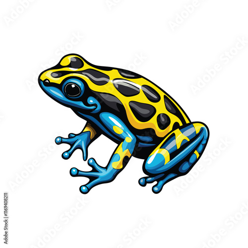 Vector illustration of a poison dart frog in side profile with a yellow and blue color scheme.