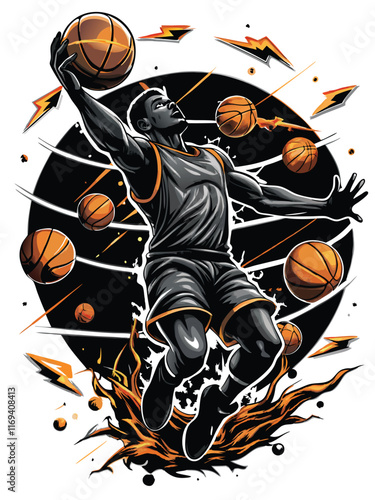 A basketball player mid-air performing a slam dunk with a glowing neon basketball hoop.