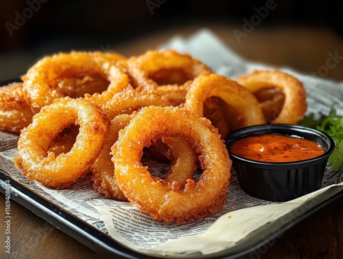Crispy fried onion rings served with spicy dipping sauce on a rustic tray at a casual dining restaurant