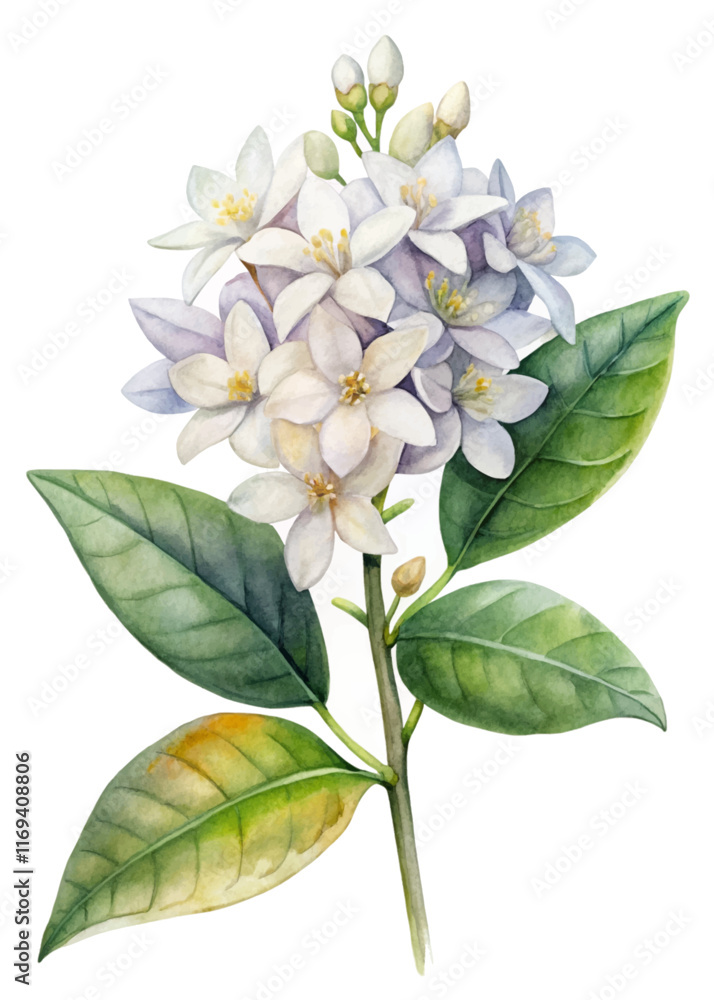 Obraz premium Watercolor floral illustration, white flowers, green leaves, botanical art, nature design, home decor, print ready.