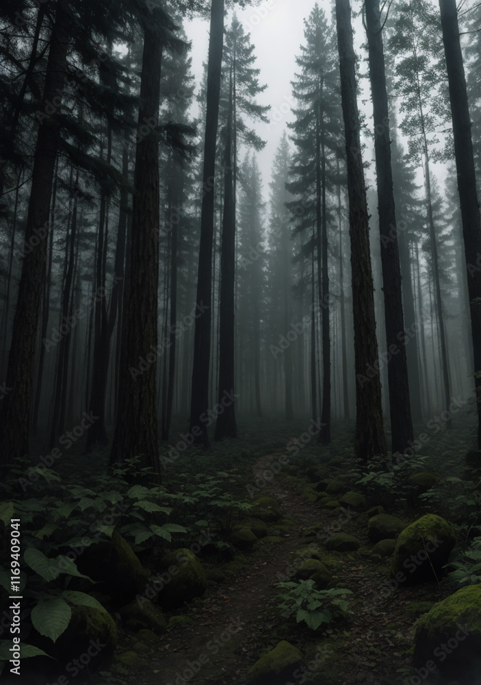 Obraz premium fog in the forest with a narrow pathway running through it and tall evergreen pine trees