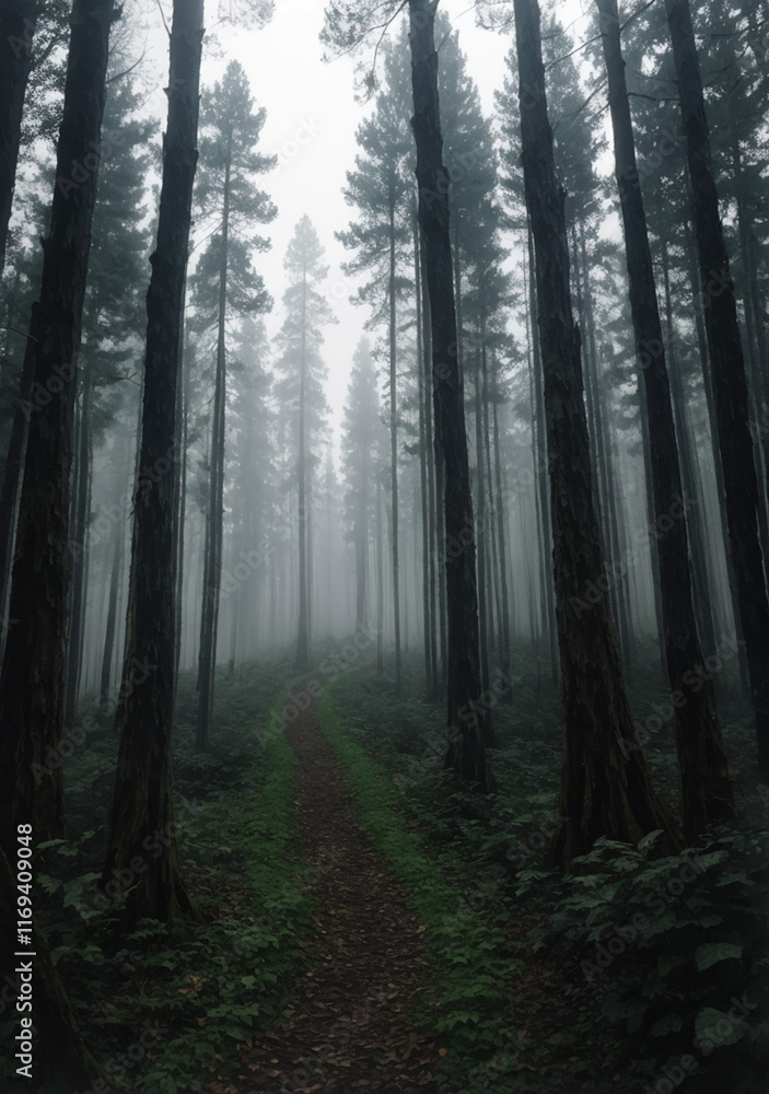 Fototapeta premium morning in the woods, spooky tiny pathway leading through a lonely forest with a light sky and ominous mist