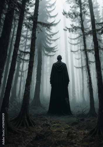 person in the forest in ominous, spooky robes looking up at the trees into the spooky mist
