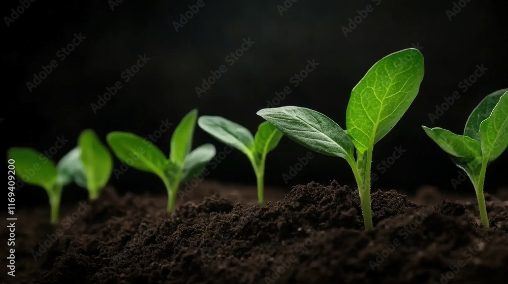 Growing plants emerging from dark soil in a close-up view of nature Growing plants emerging from dark soil in a close-up view of nature