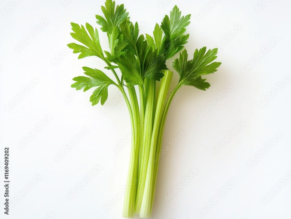 Fresh celery stalks with bright green leaves lying on a white surface in a kitchen setting ready for culinary use or healthy snacking at any time of day Fresh celery stalks with bright green leaves lying on a white surface in a kitchen setting ready for culinary use or healthy snacking at any time of day