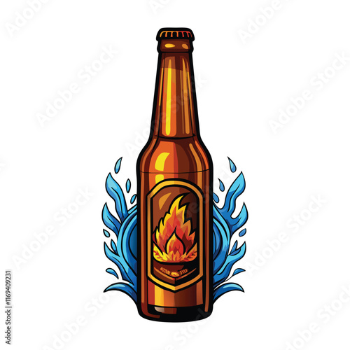 A tall brown beer bottle with a colorful label featuring a fiery flame and blue water splashes.