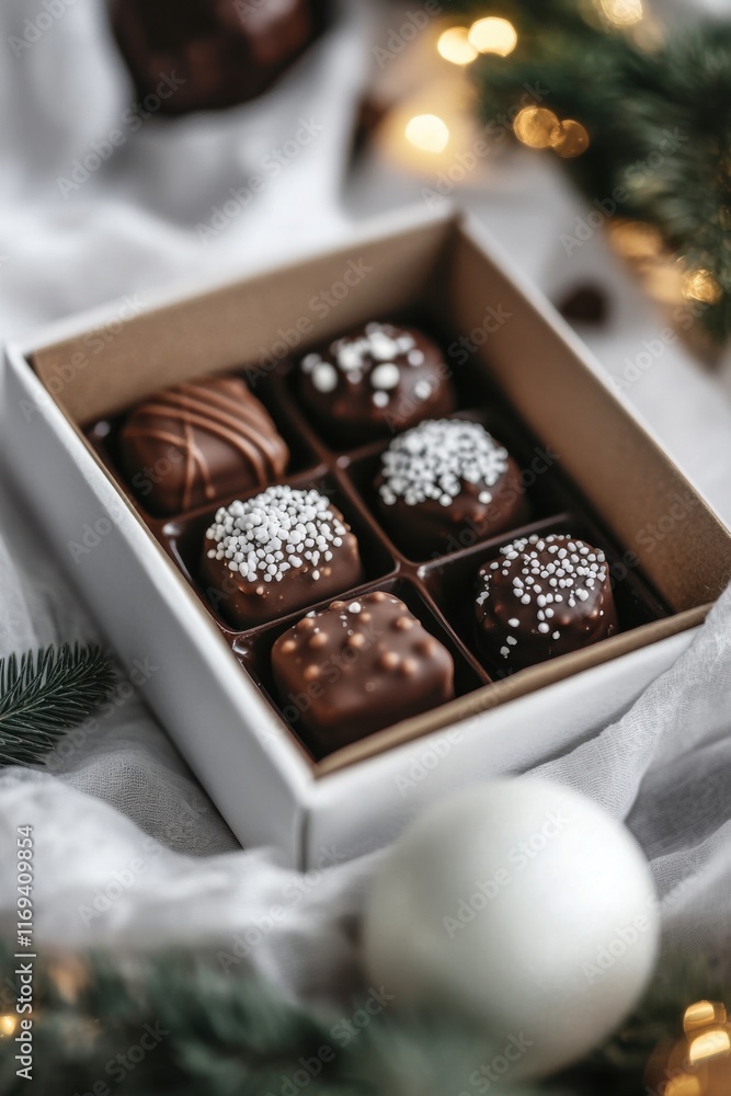 Delicious assorted chocolates presented in a festive box surrounded by holiday decorations and soft lighting Delicious assorted chocolates presented in a festive box surrounded by holiday decorations and soft lighting