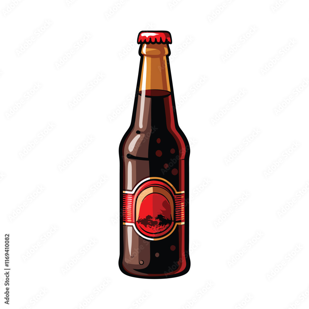 A cartoon illustration of a transparent beer bottle with dark beer inside and a red cap. A cartoon illustration of a transparent beer bottle with dark beer inside and a red cap.