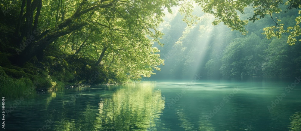 Fototapeta premium Serene river flowing through lush green forest with sunbeams breaking through the canopy.