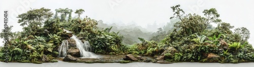 Panoramic view of the tropical forest and waterfall landscape on a white cloudy background