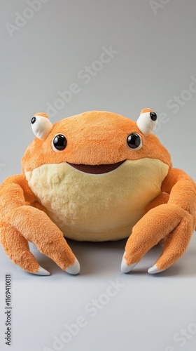 Close up of a cheerful soft and squishy plush toy creature with rounded chubby features and a bright orange color on a plain light colored background  The whimsical photo