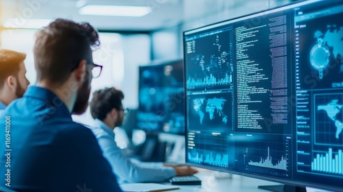 Cybersecurity Professionals Analyzing Data on Multiple Screens in Modern Office