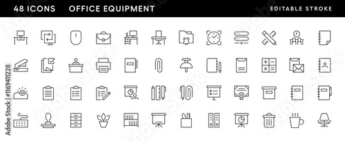 Office equipment icon collection. Workplace, equipment, devices, office tools, stationery, documents and more. Editable stroke. Pixel Perfect. Grid base 32px.