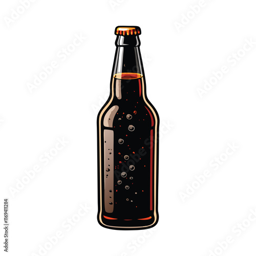 A vector illustration of a clear glass beer bottle with a dark brown beer inside.