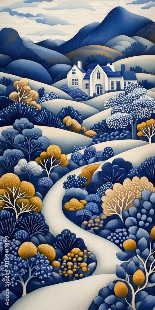 Obraz premium Serene countryside landscape with a white house and winding road