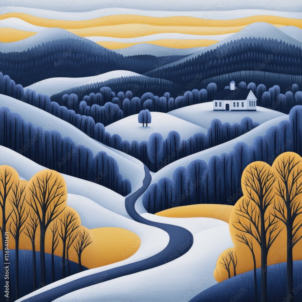Obraz premium Winter landscape with rolling hills and a distant house at sunset