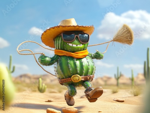 Cheerful cactus cowboy cartoon character in desert.