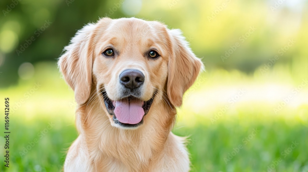 Happy golden retriever smiling in the park. Happy golden retriever smiling in the park.