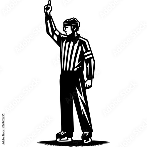 Referee hockey referee recorded violation raised his hand up in monochrome. Simple minimalistic  in black ink drawing on white background