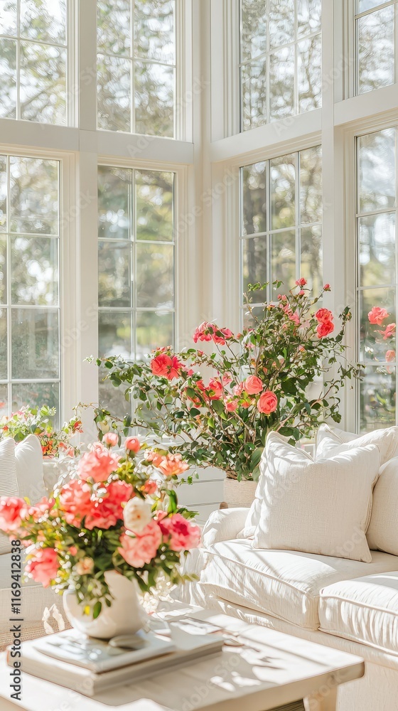 Fototapeta premium Bright and Cozy Sunroom with Floral Decorations and Natural Light