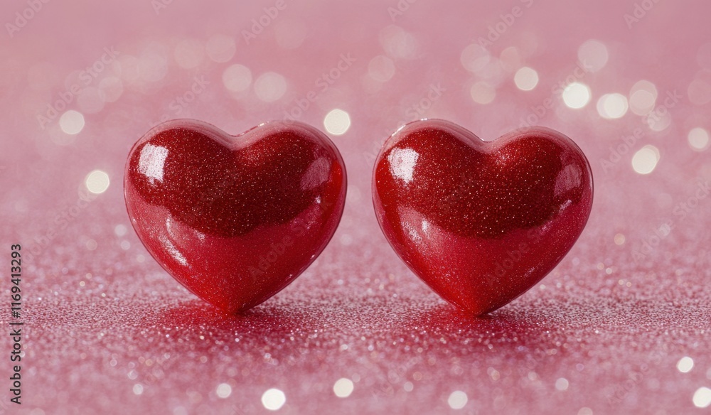 Obraz premium Two red hearts on a pink glitter background, a Valentine's Day concept banner with a copy space area for text and message, a romantic love theme Generative AI
