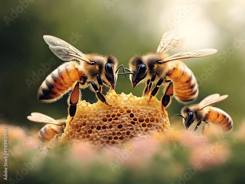 Intricate pheromone based communication between a queen bee and her industrious hive workers photo