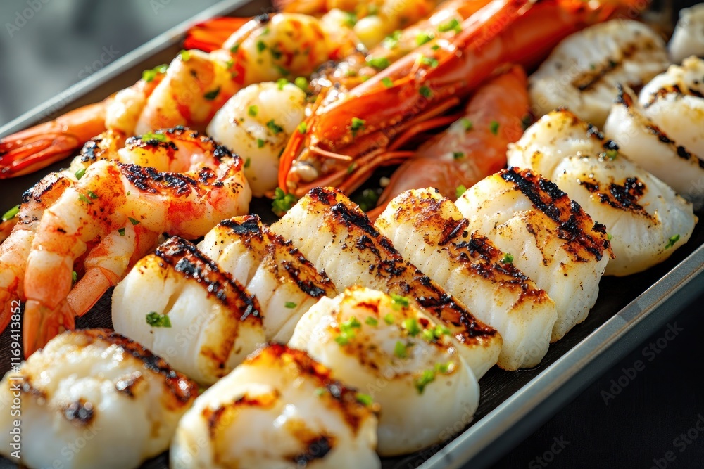 Enjoy a beautifully arranged platter of grilled seafood: fresh shrimp, scallops, and fish with rich textures Enjoy a beautifully arranged platter of grilled seafood: fresh shrimp, scallops, and fish with rich textures